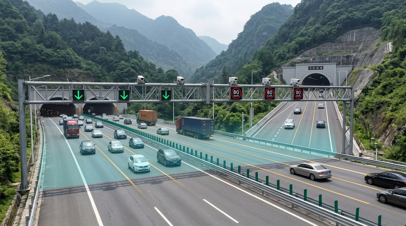 高速公路特长连续隧道群路段洞间明线缓冲区与车道协同管控门架现场示意图
