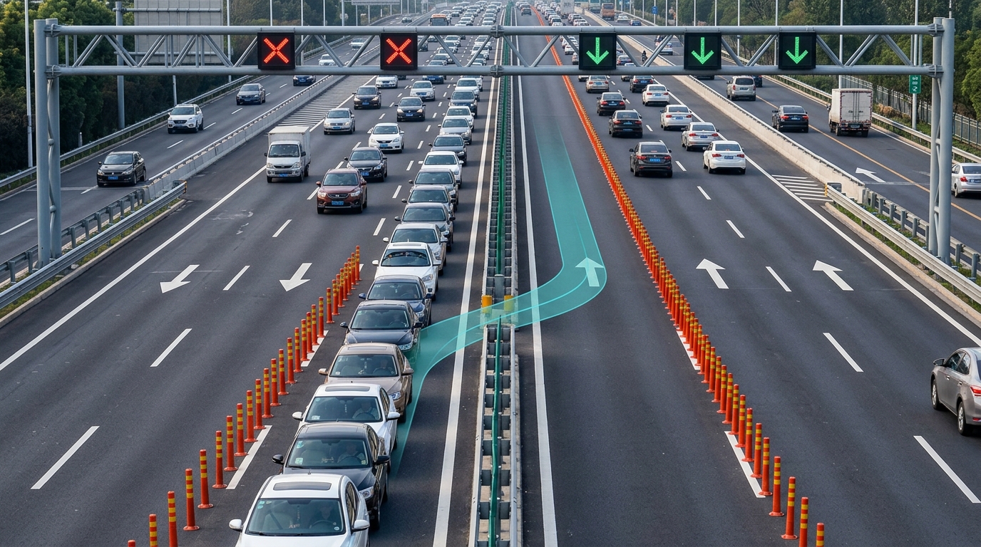 高速公路主线对向借道通行潮汐车道门架车道控制器与中分带开口平滑导流现场示意图