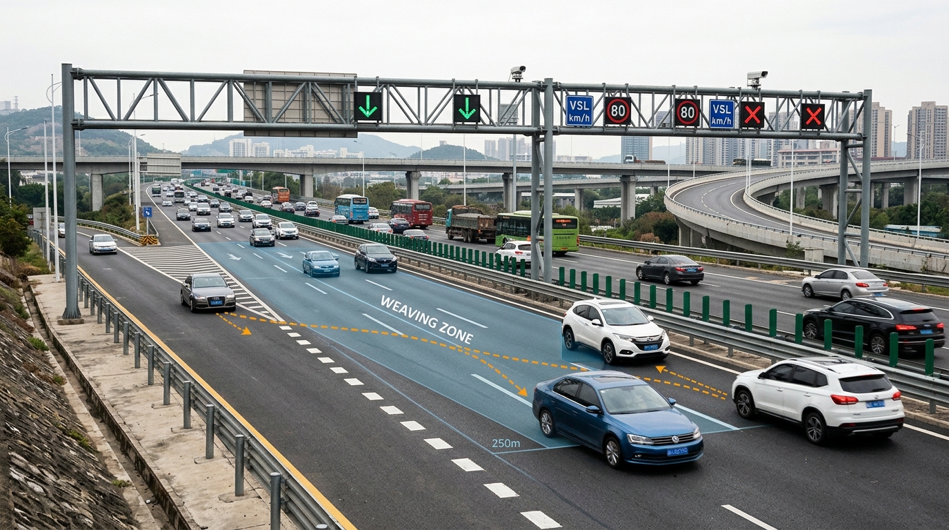 高速公路枢纽互通主线多车道交织区与车道级协同主动管控门架现场示意图