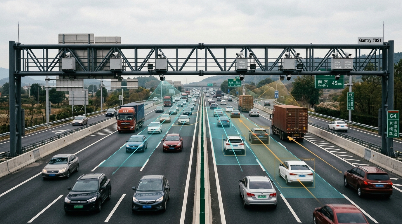 高速公路全息雷视融合感知系统现场检测与车道级轨迹跟踪示意图