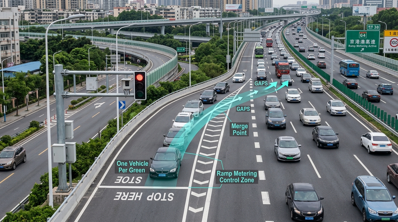 高速公路入口匝道信号主动控制系统现场与脉冲放行示意图